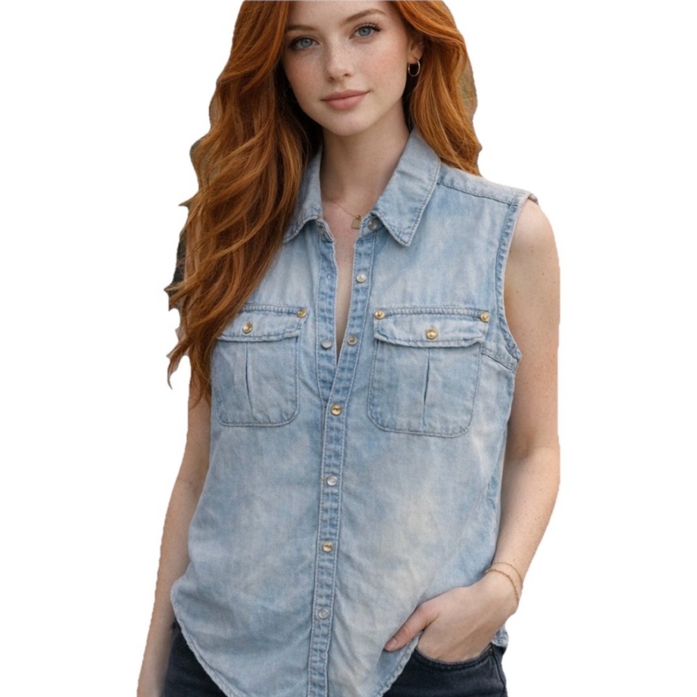 KSUBI New Conquista Women’s Light Blue Washed Sleeveless Denim Vest Size Medium
